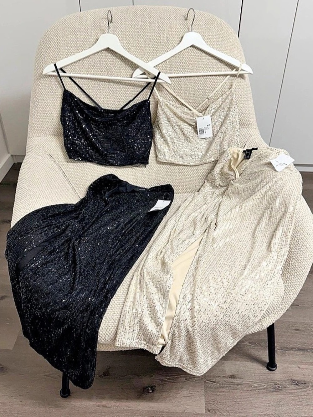 Forever 21 Sequin Mini Dress Sets, Black & Cream Small, lot of 2 sets